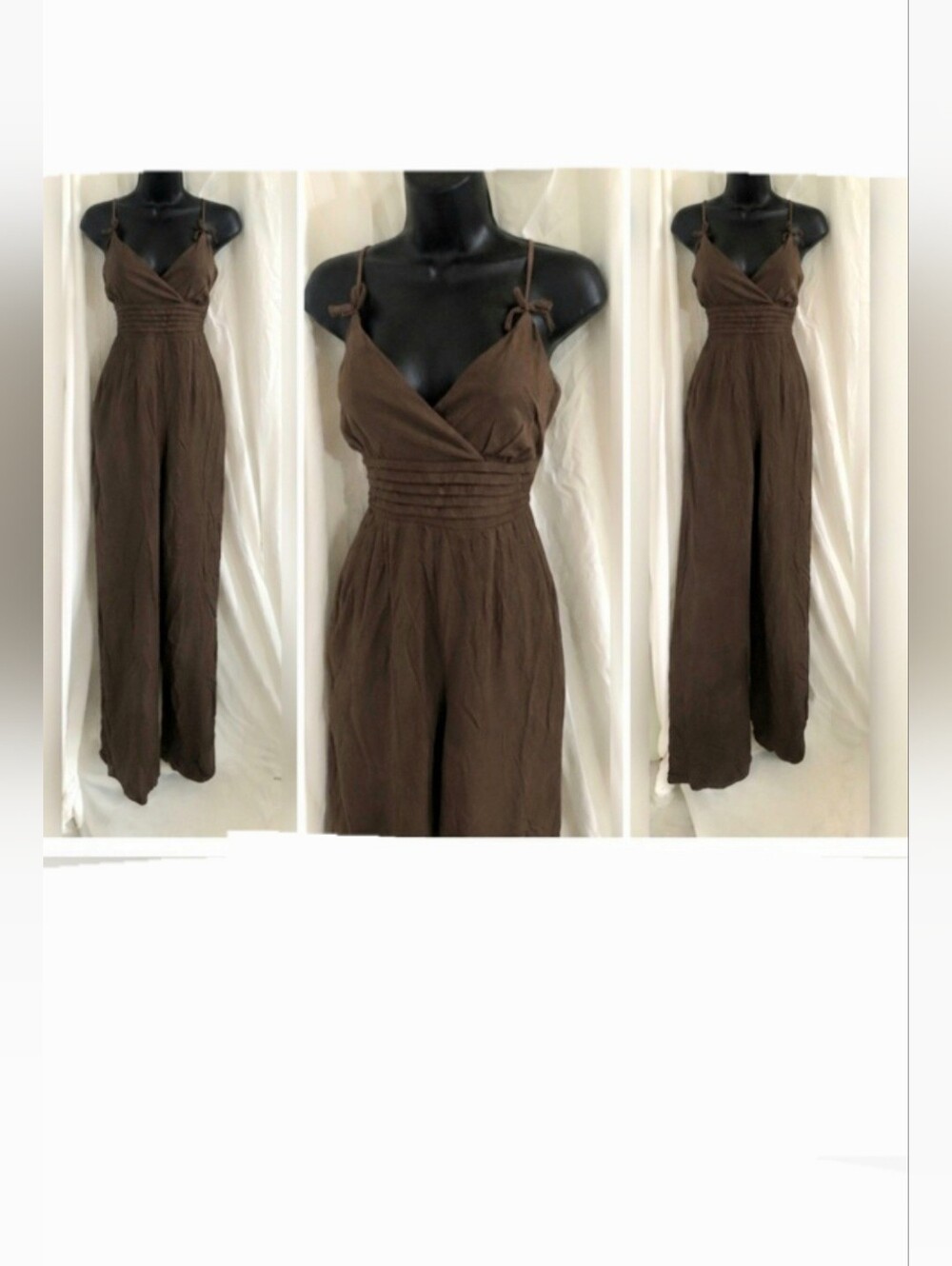 Trixxi brown pleated bodice bow straps‎ v-neck jumpsuit size XL brand new